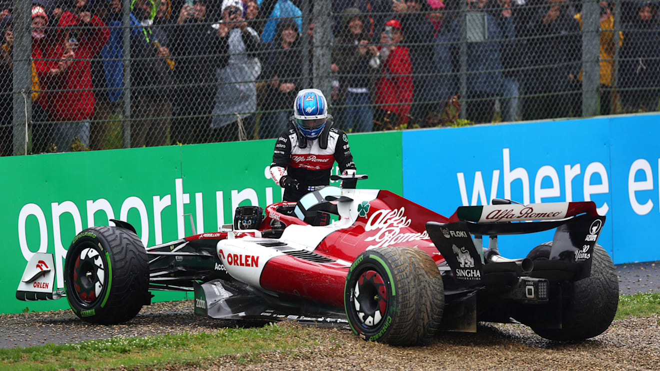 IMOLA, ITALY - APRIL 22: Valtteri Bottas of Finland driving the (77) Alfa Romeo F1 C42 Ferrari stops in the gravel during practice ahead of the F1 Grand Prix of Emilia Romagna at Autodromo Enzo e Dino Ferrari on April 22, 2022 in Imola, Italy. (Photo by Lars Baron - Formula 1/Formula 1 via Getty Images)