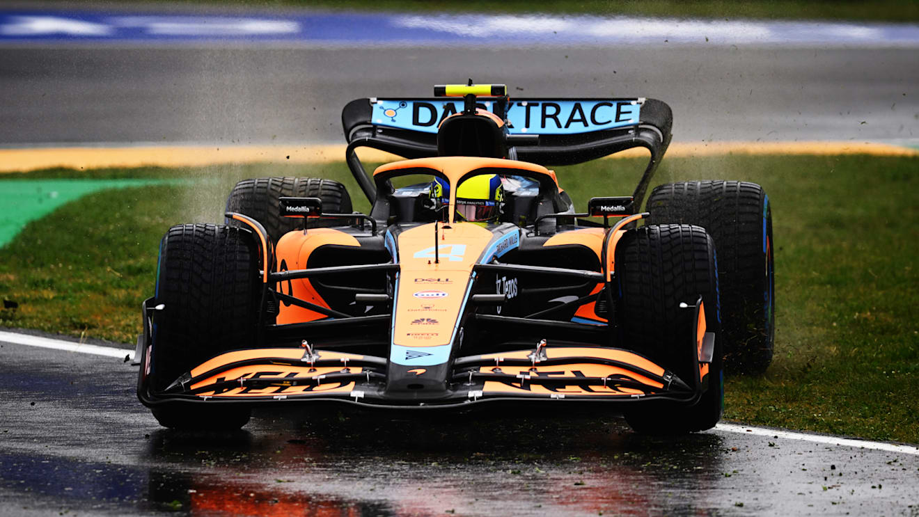 IMOLA, ITALY - APRIL 22: Lando Norris of Great Britain driving the (4) McLaren MCL36 Mercedes runs wide during practice ahead of the F1 Grand Prix of Emilia Romagna at Autodromo Enzo e Dino Ferrari on April 22, 2022 in Imola, Italy. (Photo by Clive Mason/Getty Images)