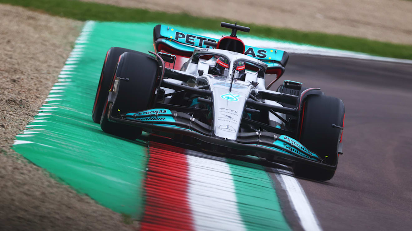 IMOLA, ITALY - APRIL 22: George Russell of Great Britain driving the (63) Mercedes AMG Petronas F1 Team W13 on track during qualifying ahead of the F1 Grand Prix of Emilia Romagna at Autodromo Enzo e Dino Ferrari on April 22, 2022 in Imola, Italy. (Photo by Dan Istitene - Formula 1/Formula 1 via Getty Images)