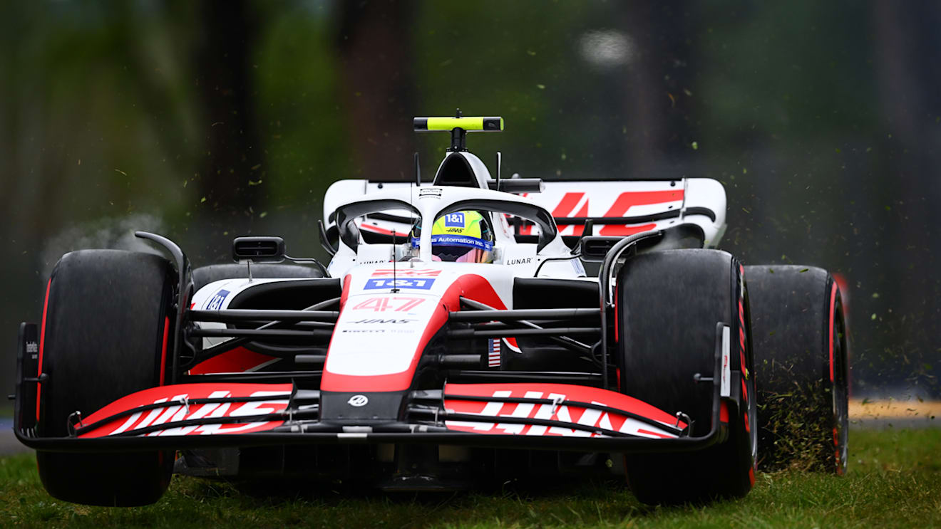 IMOLA, ITALY - APRIL 22: Mick Schumacher of Germany driving the (47) Haas F1 VF-22 Ferrari runs wide during qualifying ahead of the F1 Grand Prix of Emilia Romagna at Autodromo Enzo e Dino Ferrari on April 22, 2022 in Imola, Italy. (Photo by Clive Mason/Getty Images)
