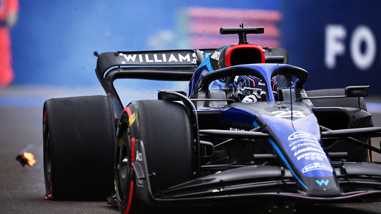 IMOLA, ITALY - APRIL 22: The brakes of Alexander Albon of Thailand driving the (23) Williams FW44 Mercedes explode on track during qualifying ahead of the F1 Grand Prix of Emilia Romagna at Autodromo Enzo e Dino Ferrari on April 22, 2022 in Imola, Italy. (Photo by Clive Mason/Getty Images)