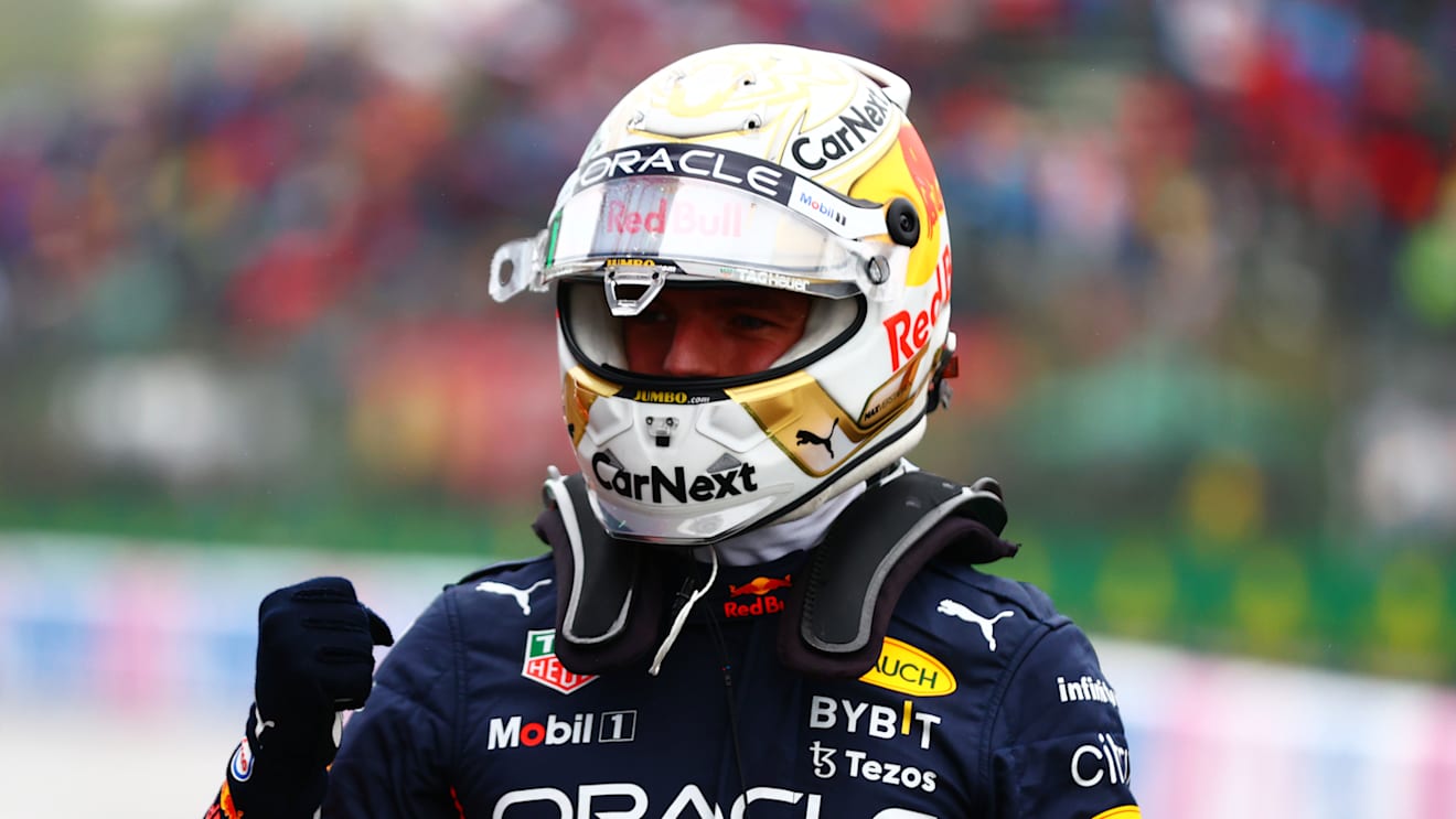 IMOLA, ITALY - APRIL 22: Pole position qualifier Max Verstappen of the Netherlands and Oracle Red Bull Racing celebrates in parc ferme during qualifying ahead of the F1 Grand Prix of Emilia Romagna at Autodromo Enzo e Dino Ferrari on April 22, 2022 in Imola, Italy. (Photo by Dan Istitene - Formula 1/Formula 1 via Getty Images)