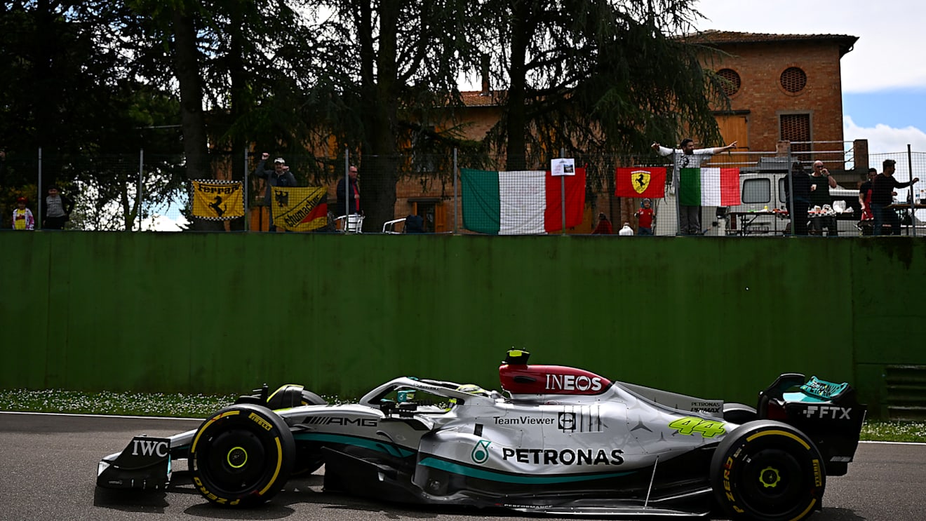 IMOLA, ITALY - APRIL 23: Lewis Hamilton of Great Britain driving the (44) Mercedes AMG Petronas F1 Team W13 on track during practice ahead of the F1 Grand Prix of Emilia Romagna at Autodromo Enzo e Dino Ferrari on April 23, 2022 in Imola, Italy. (Photo by Clive Mason/Getty Images)