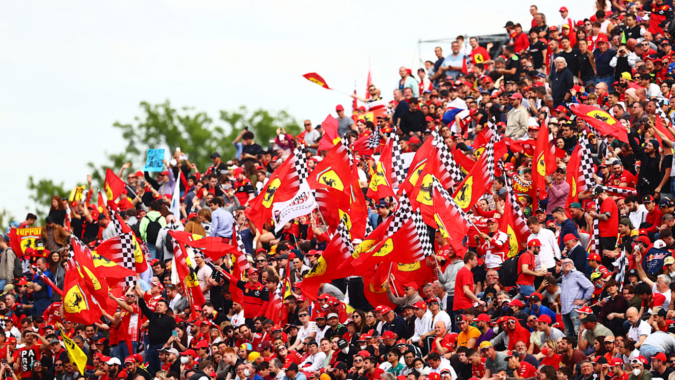 IMOLA, ITALY - APRIL 23: Ferrari fans show their support during Sprint ahead of the F1 Grand Prix of Emilia Romagna at Autodromo Enzo e Dino Ferrari on April 23, 2022 in Imola, Italy. (Photo by Dan Istitene - Formula 1/Formula 1 via Getty Images)