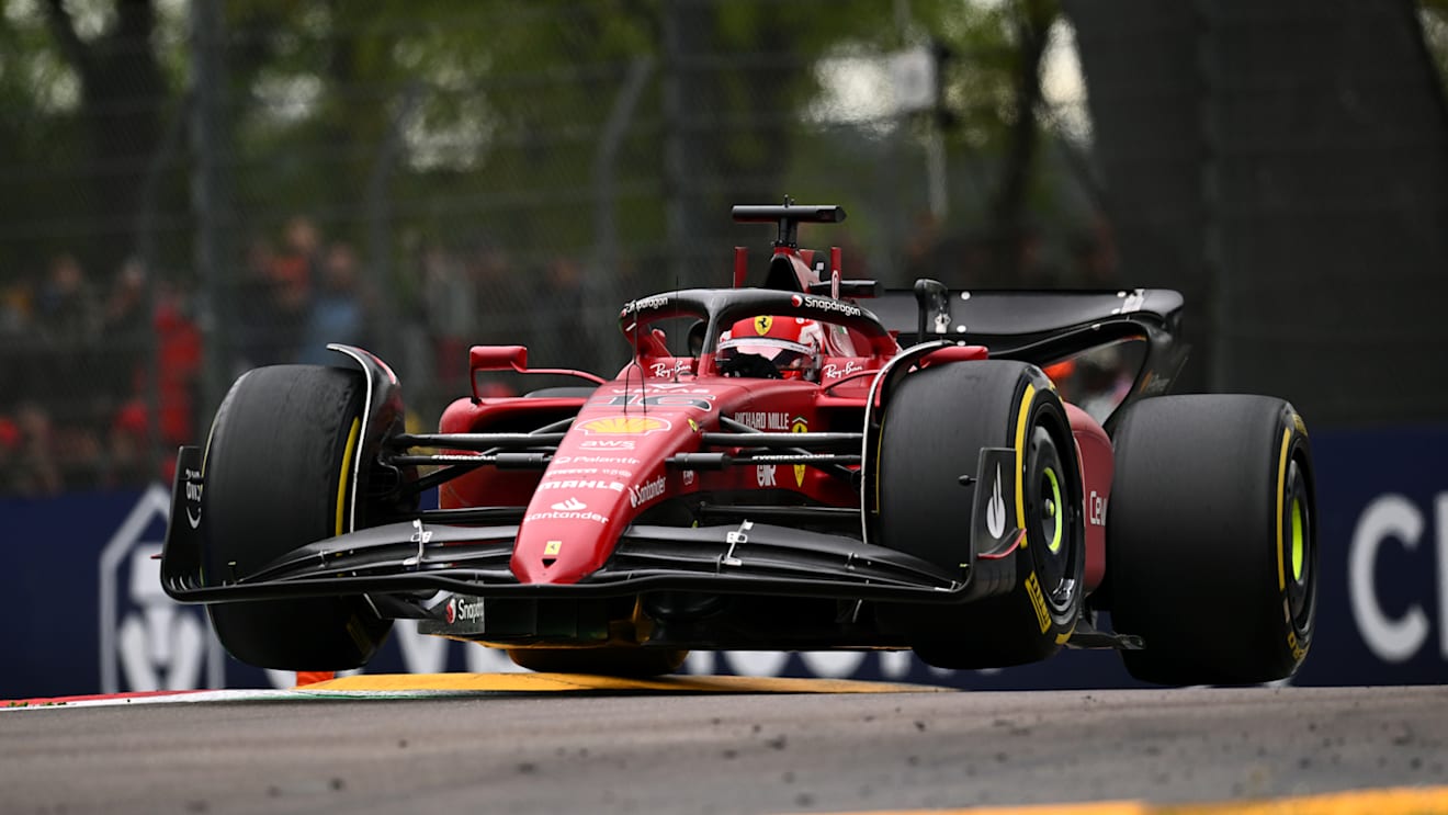 IMOLA, ITALY - APRIL 24: Charles Leclerc of Monaco driving (16) the Ferrari F1-75 with both front wheels in the air during the F1 Grand Prix of Emilia Romagna at Autodromo Enzo e Dino Ferrari on April 24, 2022 in Imola, Italy. (Photo by Clive Mason/Getty Images)