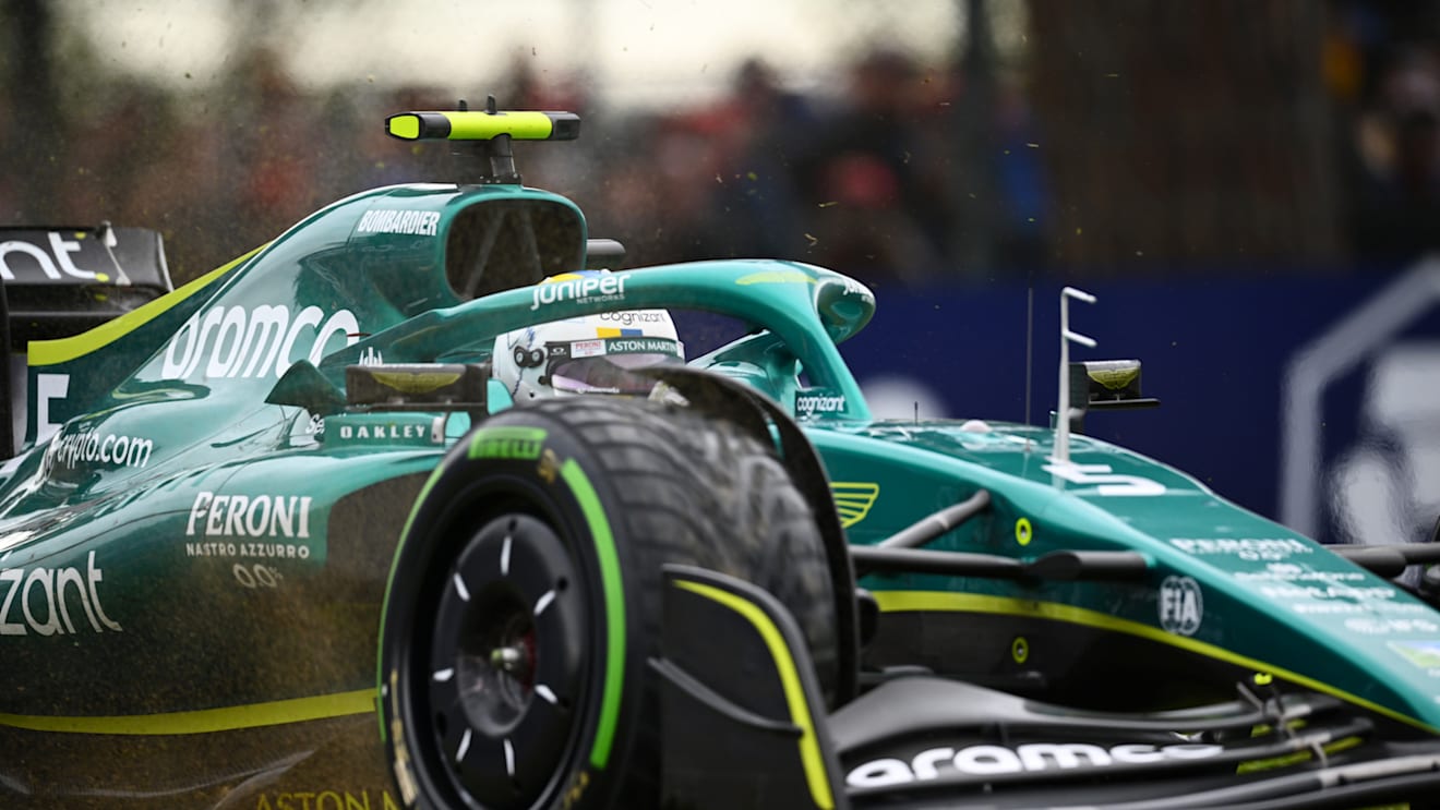 IMOLA, ITALY - APRIL 24: Sebastian Vettel of Germany driving the (5) Aston Martin AMR22 Mercedes runs wide during the F1 Grand Prix of Emilia Romagna at Autodromo Enzo e Dino Ferrari on April 24, 2022 in Imola, Italy. (Photo by Clive Mason/Getty Images)