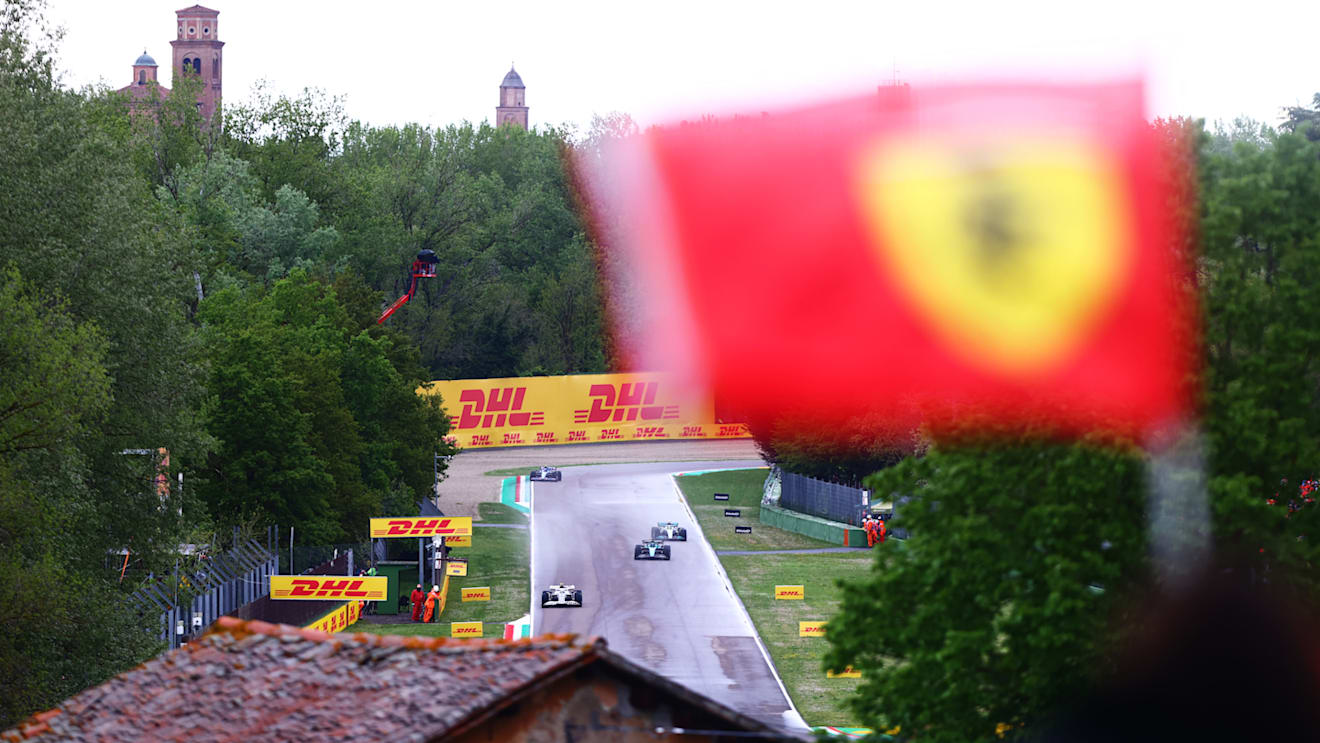 IMOLA, ITALY - APRIL 24: Yuki Tsunoda of Japan driving the (22) Scuderia AlphaTauri AT03 leads Lance Stroll of Canada driving the (18) Aston Martin AMR22 Mercedes, Lewis Hamilton of Great Britain driving the (44) Mercedes AMG Petronas F1 Team W13 and Esteban Ocon of France driving the (31) Alpine F1 A522 Renault during the F1 Grand Prix of Emilia Romagna at Autodromo Enzo e Dino Ferrari on April 24, 2022 in Imola, Italy. (Photo by Dan Istitene - Formula 1/Formula 1 via Getty Images)
