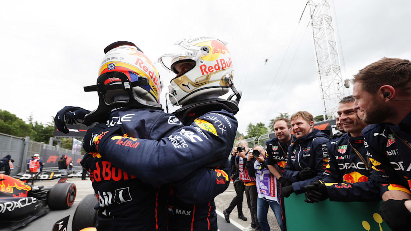 IMOLA, ITALY - APRIL 24: Race winner Max Verstappen of the Netherlands and Oracle Red Bull Racing and Second placed Sergio Perez of Mexico and Oracle Red Bull Racing celebrate in parc ferme during the F1 Grand Prix of Emilia Romagna at Autodromo Enzo e Dino Ferrari on April 24, 2022 in Imola, Italy. (Photo by Mark Thompson/Getty Images)