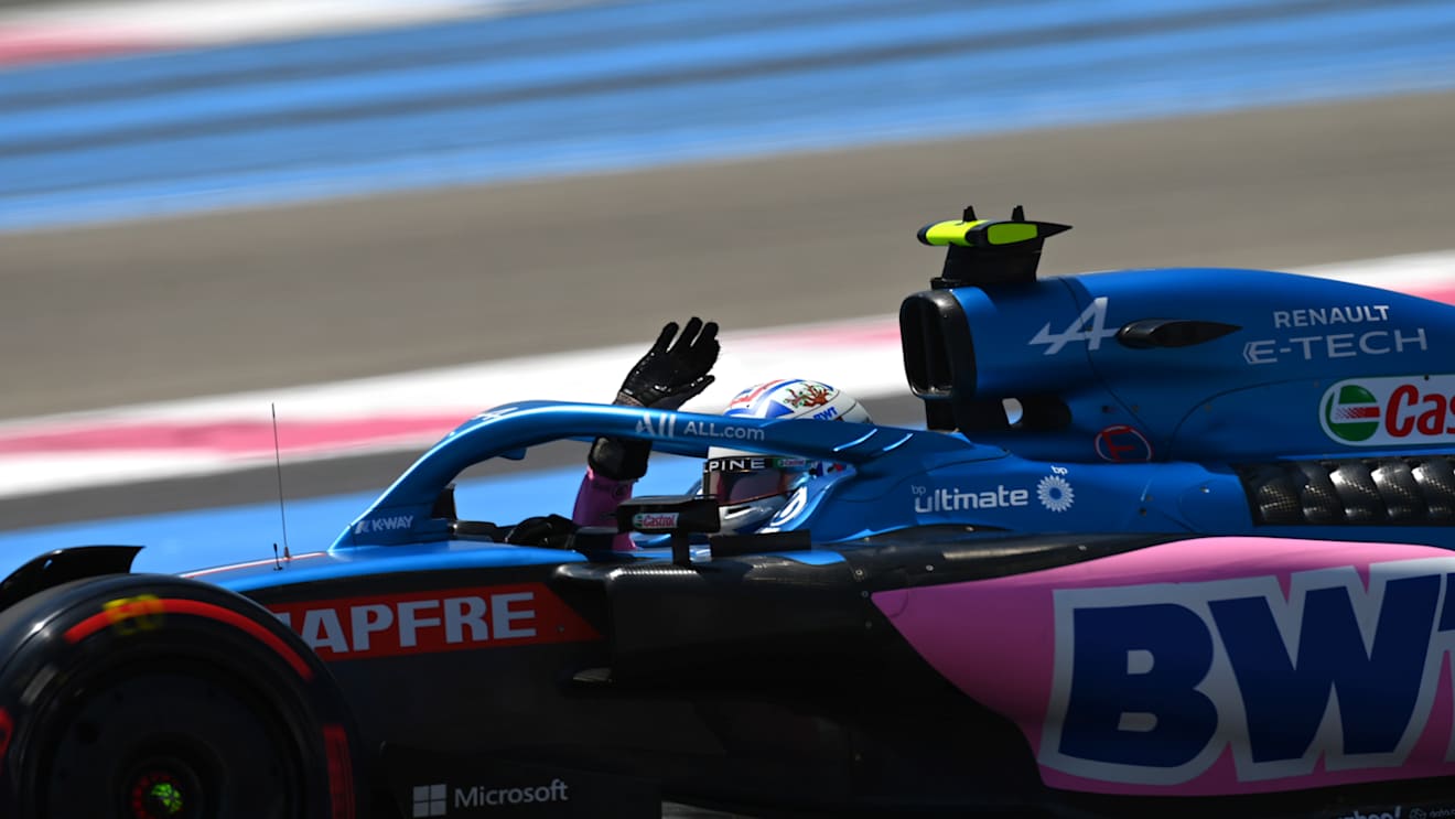 LE CASTELLET, FRANCE - JULY 22: Esteban Ocon of France driving the (31) Alpine F1 A522 Renault waves to the crowd during practice ahead of the F1 Grand Prix of France at Circuit Paul Ricard on July 22, 2022 in Le Castellet, France. (Photo by Dan Mullan/Getty Images)