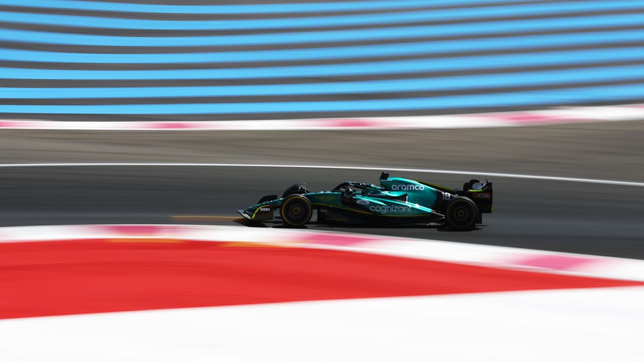 LE CASTELLET, FRANCE - JULY 22: Lance Stroll of Canada driving the (18) Aston Martin AMR22 Mercedes on track during practice ahead of the F1 Grand Prix of France at Circuit Paul Ricard on July 22, 2022 in Le Castellet, France. (Photo by Bryn Lennon - Formula 1/Formula 1 via Getty Images)