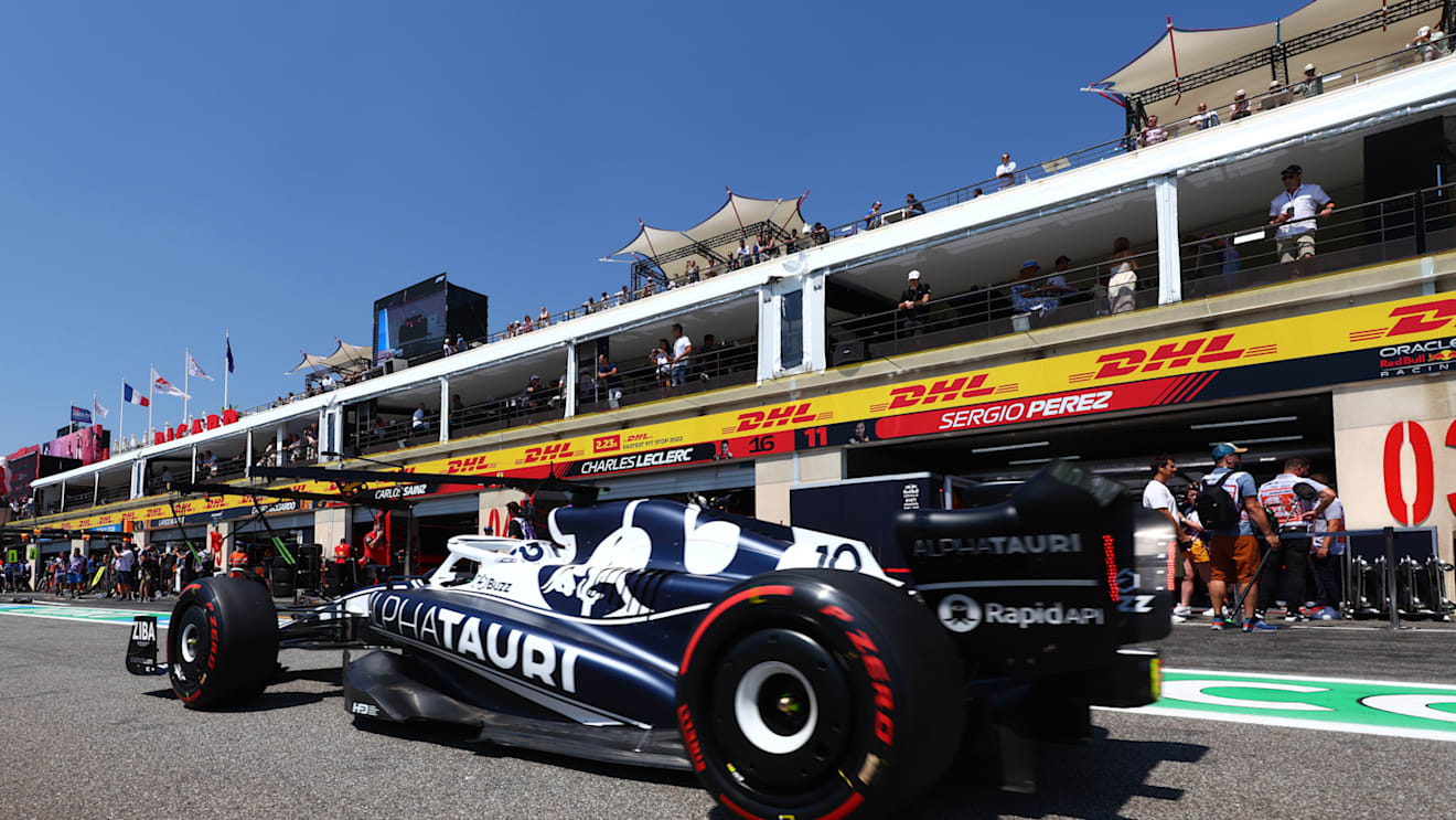 LE CASTELLET, FRANCE - JULY 22: Pierre Gasly of France driving the (10) Scuderia AlphaTauri AT03 in the Pitlane during practice ahead of the F1 Grand Prix of France at Circuit Paul Ricard on July 22, 2022 in Le Castellet, France. (Photo by Mark Thompson/Getty Images)