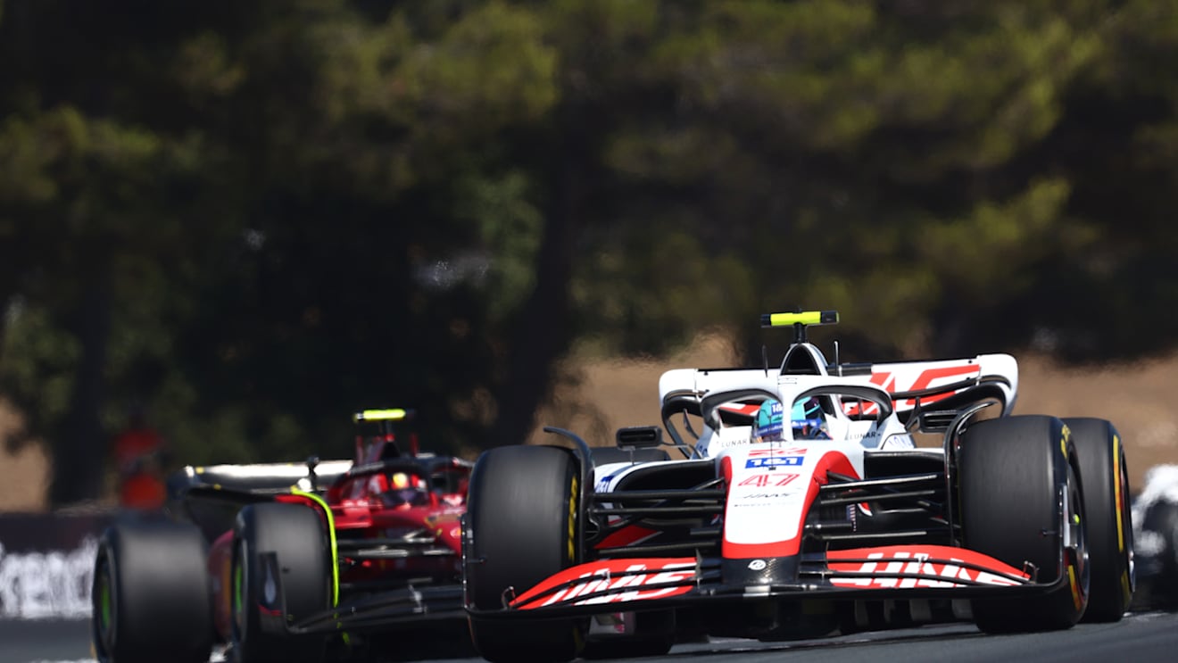 LE CASTELLET, FRANCE - JULY 24: Mick Schumacher of Germany driving the (47) Haas F1 VF-22 Ferrari leads Carlos Sainz of Spain driving (55) the Ferrari F1-75 during the F1 Grand Prix of France at Circuit Paul Ricard on July 24, 2022 in Le Castellet, France. (Photo by Clive Rose/Getty Images)