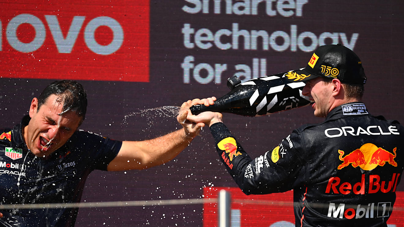 LE CASTELLET, FRANCE - JULY 24: Race winner Max Verstappen of the Netherlands and Oracle Red Bull Racing and Pierre Wache, Chief Engineer of Performance Engineering at Red Bull Racing celebrate on the podium during the F1 Grand Prix of France at Circuit Paul Ricard on July 24, 2022 in Le Castellet, France. (Photo by Dan Mullan/Getty Images)