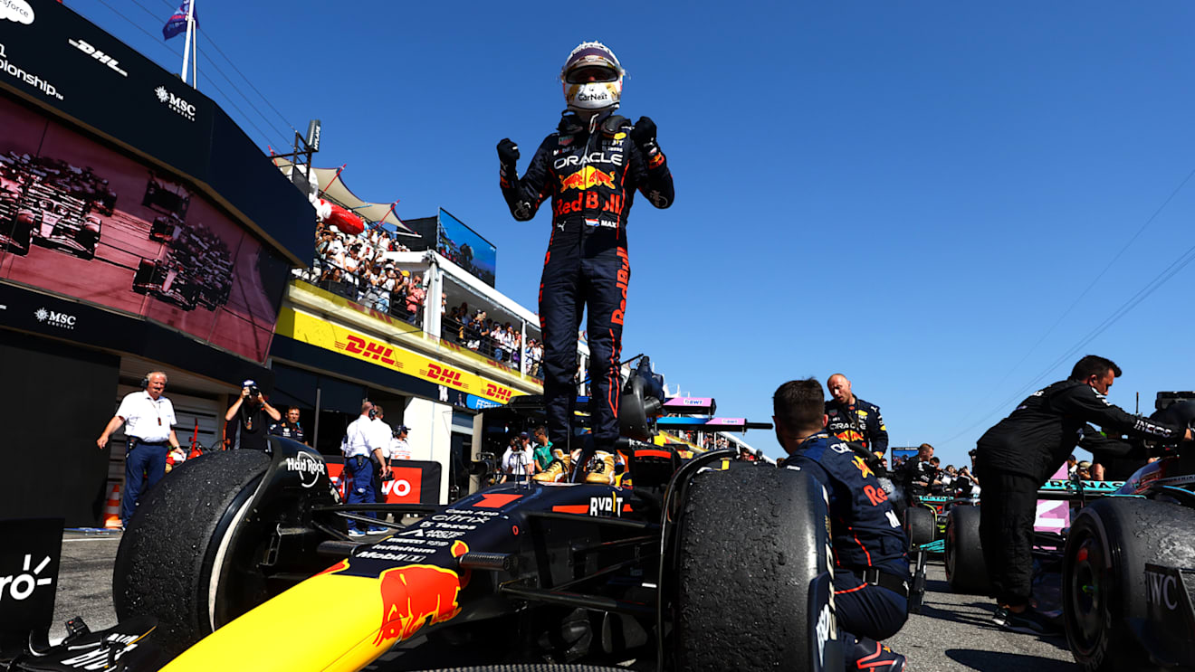 LE CASTELLET, FRANCE - JULY 24: Race winner Max Verstappen of the Netherlands and Oracle Red Bull Racing celebrates in parc ferme during the F1 Grand Prix of France at Circuit Paul Ricard on July 24, 2022 in Le Castellet, France. (Photo by Mark Thompson/Getty Images)