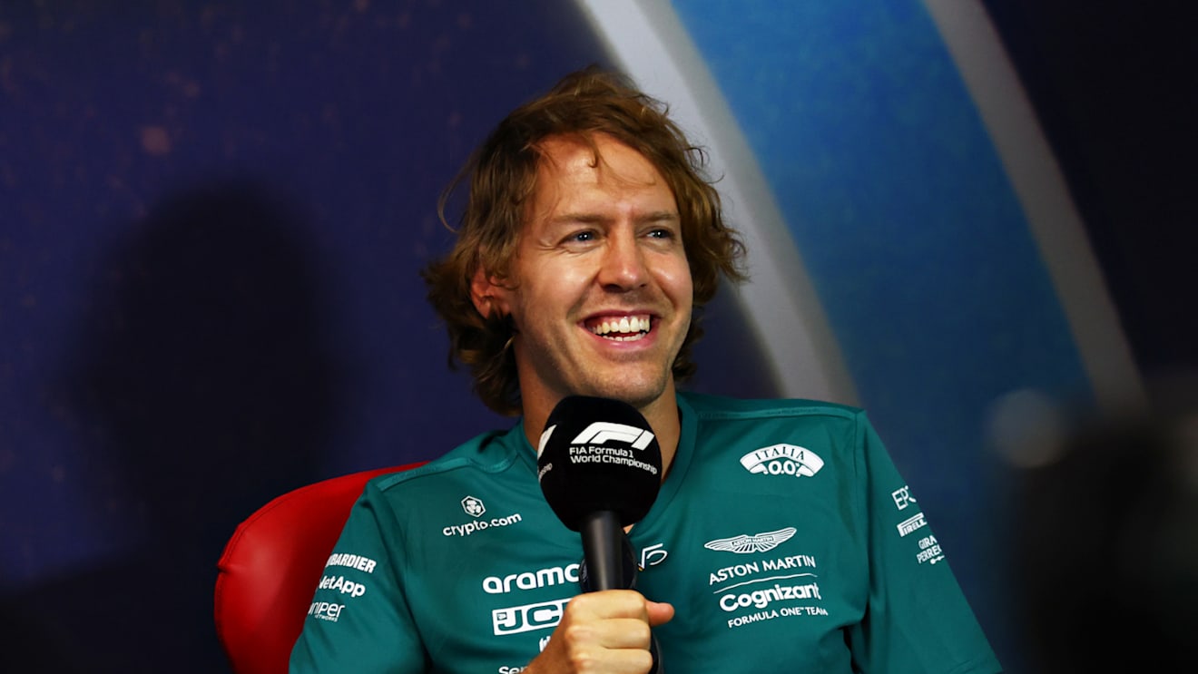 LE CASTELLET, FRANCE - JULY 21: Sebastian Vettel of Germany and Aston Martin F1 Team talks in the Drivers Press Conference during previews ahead of the F1 Grand Prix of France at Circuit Paul Ricard on July 21, 2022 in Le Castellet, France. (Photo by Bryn Lennon/Getty Images)