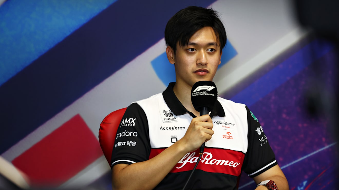 LE CASTELLET, FRANCE - JULY 21: Zhou Guanyu of China and Alfa Romeo F1 talks in the Drivers Press Conference during previews ahead of the F1 Grand Prix of France at Circuit Paul Ricard on July 21, 2022 in Le Castellet, France. (Photo by Bryn Lennon/Getty Images)