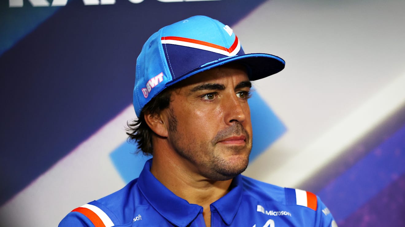 LE CASTELLET, FRANCE - JULY 21: Fernando Alonso of Spain and Alpine F1 talks in the Drivers Press Conference during previews ahead of the F1 Grand Prix of France at Circuit Paul Ricard on July 21, 2022 in Le Castellet, France. (Photo by Bryn Lennon/Getty Images)
