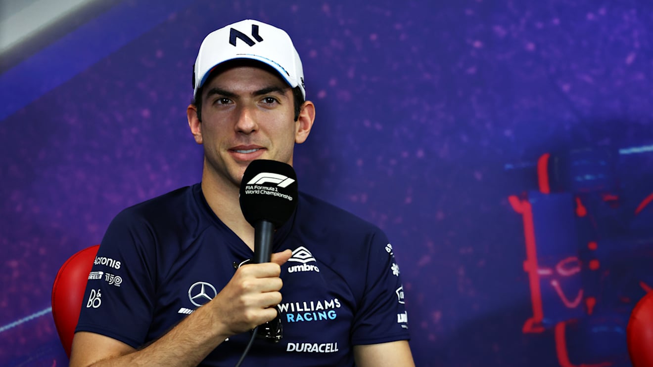 LE CASTELLET, FRANCE - JULY 21: Nicholas Latifi of Canada and Williams talks in the Drivers Press Conference during previews ahead of the F1 Grand Prix of France at Circuit Paul Ricard on July 21, 2022 in Le Castellet, France. (Photo by Bryn Lennon/Getty Images)