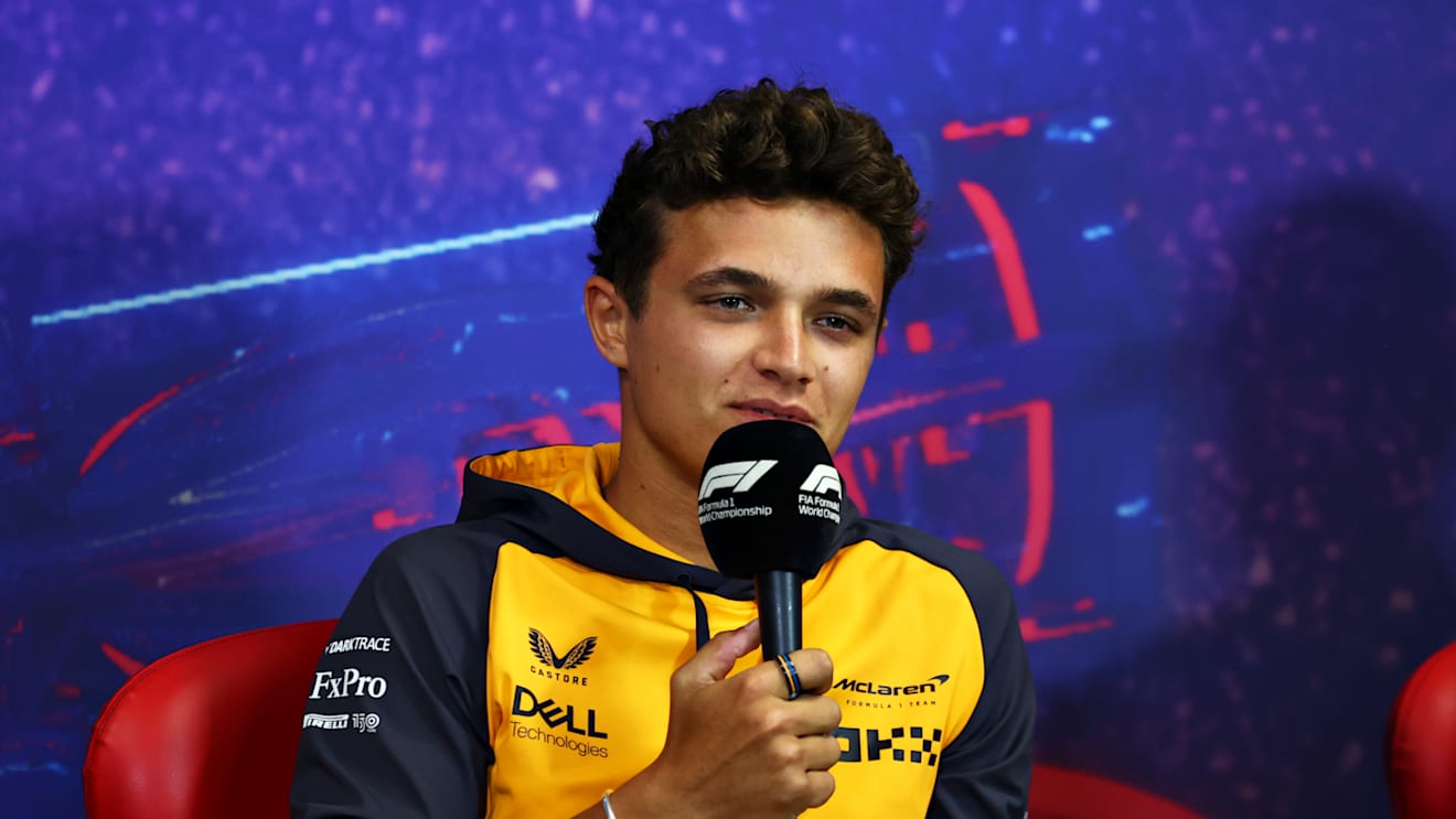 LE CASTELLET, FRANCE - JULY 21: Lando Norris of Great Britain and McLaren talks in the Drivers Press Conference during previews ahead of the F1 Grand Prix of France at Circuit Paul Ricard on July 21, 2022 in Le Castellet, France. (Photo by Bryn Lennon/Getty Images)