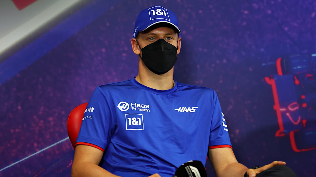 LE CASTELLET, FRANCE - JULY 21: Mick Schumacher of Germany and Haas F1 talks in the Drivers Press Conference during previews ahead of the F1 Grand Prix of France at Circuit Paul Ricard on July 21, 2022 in Le Castellet, France. (Photo by Bryn Lennon/Getty Images)