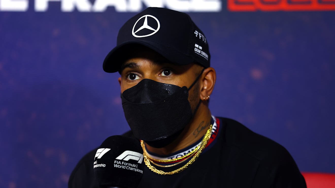 LE CASTELLET, FRANCE - JULY 21: Lewis Hamilton of Great Britain and Mercedes talks in the Drivers Press Conference during previews ahead of the F1 Grand Prix of France at Circuit Paul Ricard on July 21, 2022 in Le Castellet, France. (Photo by Bryn Lennon - Formula 1/Formula 1 via Getty Images)
