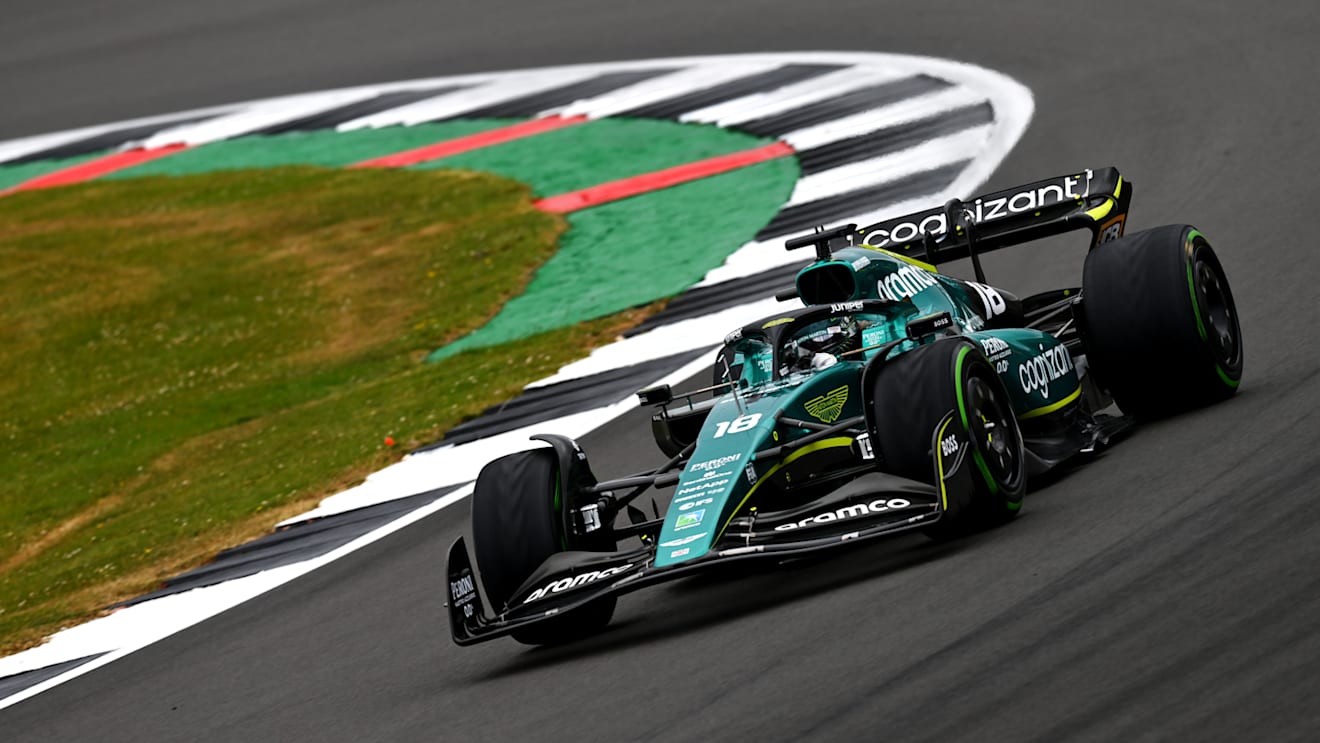 NORTHAMPTON, ENGLAND - JULY 01: Lance Stroll of Canada driving the (18) Aston Martin AMR22 Mercedes on track during practice ahead of the F1 Grand Prix of Great Britain at Silverstone on July 01, 2022 in Northampton, England. (Photo by Dan Mullan - Formula 1/Formula 1 via Getty Images)