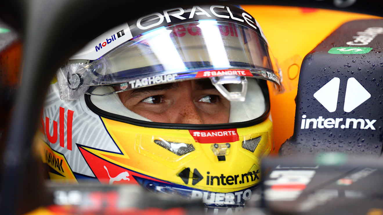 NORTHAMPTON, ENGLAND - JULY 01: Sergio Perez of Mexico and Oracle Red Bull Racing prepares to drive in the garage during practice ahead of the F1 Grand Prix of Great Britain at Silverstone on July 01, 2022 in Northampton, England. (Photo by Clive Rose/Getty Images)