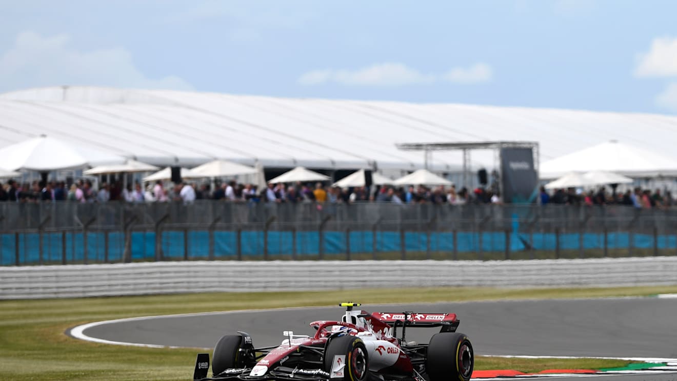 NORTHAMPTON, ENGLAND - JULY 01: Zhou Guanyu of China driving the (24) Alfa Romeo F1 C42 Ferrari on track during practice ahead of the F1 Grand Prix of Great Britain at Silverstone on July 01, 2022 in Northampton, England. (Photo by Rudy Carezzevoli - Formula 1/Formula 1 via Getty Images)