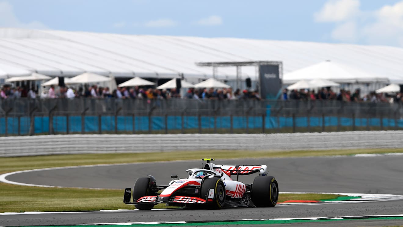 NORTHAMPTON, ENGLAND - JULY 01: Mick Schumacher of Germany driving the (47) Haas F1 VF-22 Ferrari on track during practice ahead of the F1 Grand Prix of Great Britain at Silverstone on July 01, 2022 in Northampton, England. (Photo by Rudy Carezzevoli - Formula 1/Formula 1 via Getty Images)