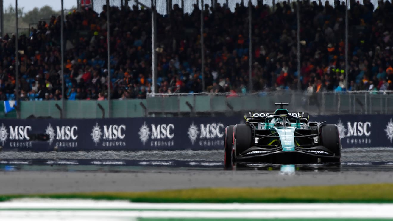 NORTHAMPTON, ENGLAND - JULY 02: Lance Stroll of Canada driving the (18) Aston Martin AMR22 Mercedes on track during final practice ahead of the F1 Grand Prix of Great Britain at Silverstone on July 02, 2022 in Northampton, England. (Photo by Rudy Carezzevoli - Formula 1/Formula 1 via Getty Images)