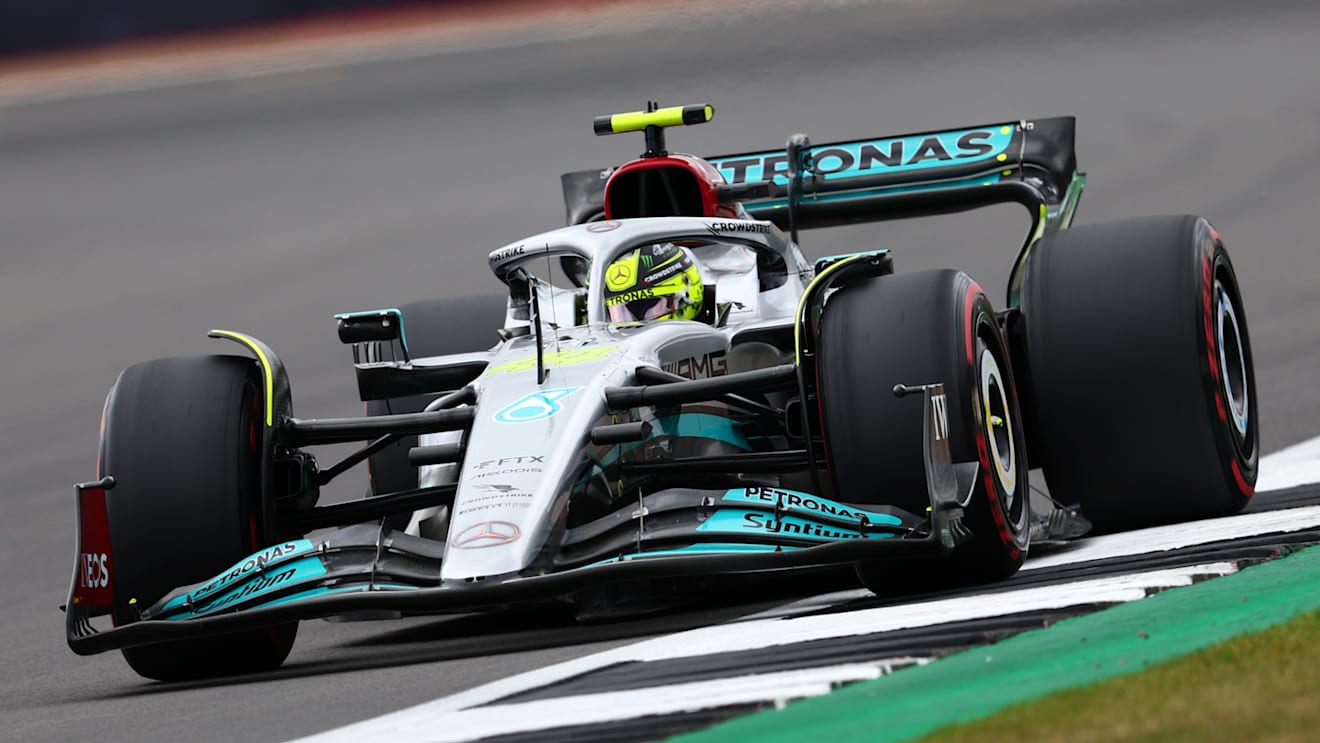 NORTHAMPTON, ENGLAND - JULY 02: Lewis Hamilton of Great Britain driving the (44) Mercedes AMG Petronas F1 Team W13 on track during final practice ahead of the F1 Grand Prix of Great Britain at Silverstone on July 02, 2022 in Northampton, England. (Photo by Clive Rose/Getty Images)