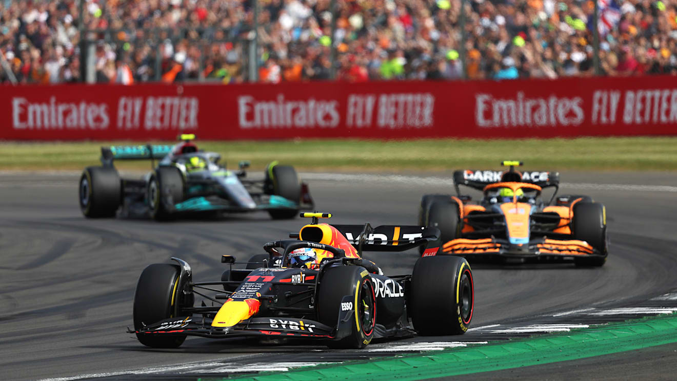 NORTHAMPTON, ENGLAND - JULY 03: Sergio Perez of Mexico driving the (11) Oracle Red Bull Racing RB18 during the F1 Grand Prix of Great Britain at Silverstone on July 03, 2022 in Northampton, England. (Photo by Bryn Lennon - Formula 1/Formula 1 via Getty Images)