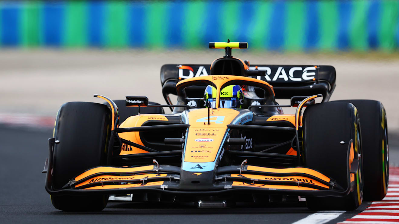 BUDAPEST, HUNGARY - JULY 29: Lando Norris of Great Britain driving the (4) McLaren MCL36 Mercedes on track during practice ahead of the F1 Grand Prix of Hungary at Hungaroring on July 29, 2022 in Budapest, Hungary. (Photo by Francois Nel/Getty Images)
