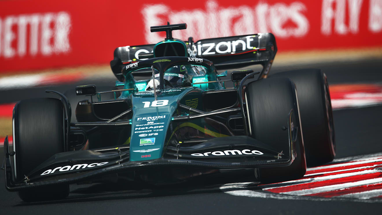 BUDAPEST, HUNGARY - JULY 29: Lance Stroll of Canada driving the (18) Aston Martin AMR22 Mercedes on track during practice ahead of the F1 Grand Prix of Hungary at Hungaroring on July 29, 2022 in Budapest, Hungary. (Photo by Joe Portlock - Formula 1/Formula 1 via Getty Images)