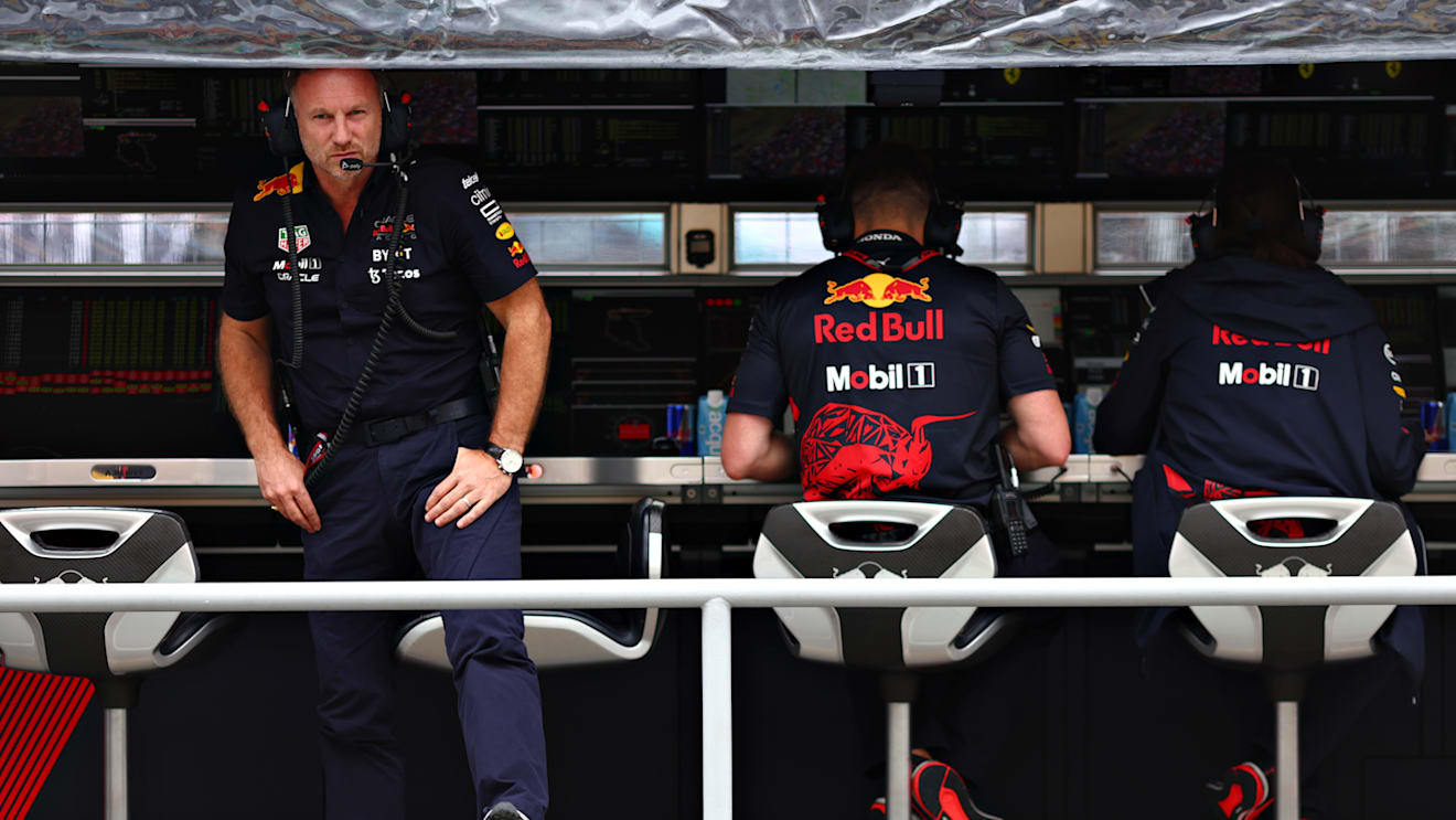BUDAPEST, HUNGARY - JULY 30: Red Bull Racing Team Principal Christian Horner looks on from the pitwall during qualifying ahead of the F1 Grand Prix of Hungary at Hungaroring on July 30, 2022 in Budapest, Hungary. (Photo by Mark Thompson/Getty Images)