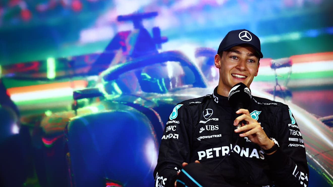 BUDAPEST, HUNGARY - JULY 30: Pole position qualifier George Russell of Great Britain and Mercedes attends the press conference after qualifying ahead of the F1 Grand Prix of Hungary at Hungaroring on July 30, 2022 in Budapest, Hungary. (Photo by Dan Istitene/Getty Images)