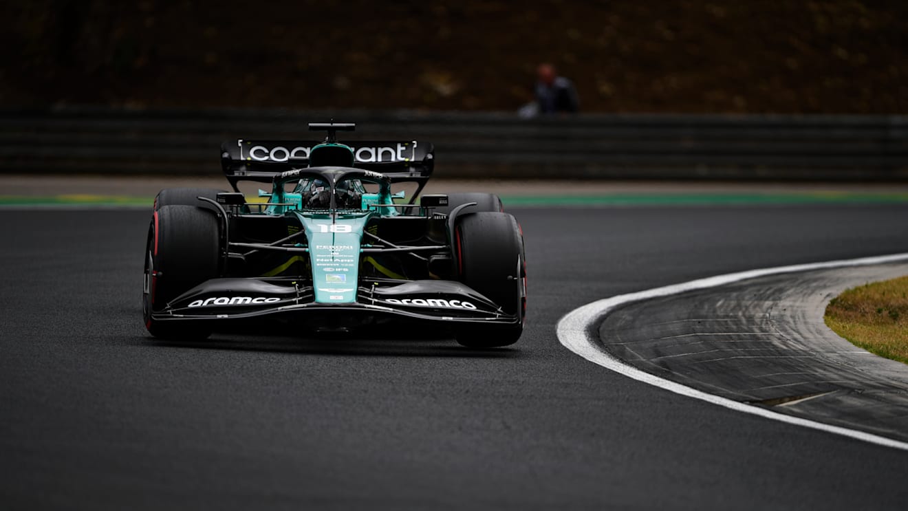 BUDAPEST, HUNGARY - JULY 30: Lance Stroll of Canada driving the (18) Aston Martin AMR22 Mercedes on track during qualifying ahead of the F1 Grand Prix of Hungary at Hungaroring on July 30, 2022 in Budapest, Hungary. (Photo by Rudy Carezzevoli - Formula 1/Formula 1 via Getty Images)