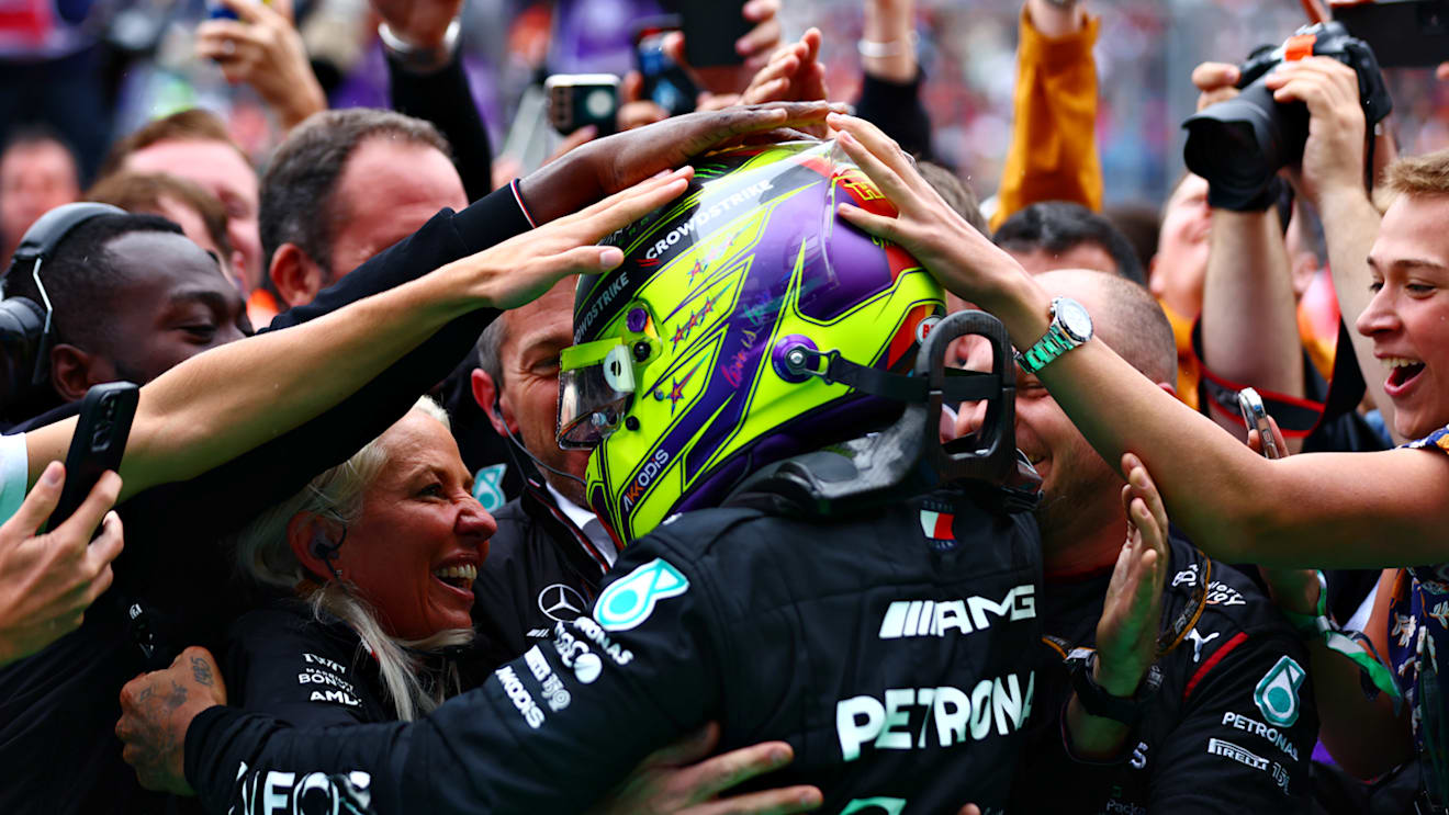 BUDAPEST, HUNGARY - JULY 31: Second placed Lewis Hamilton of Great Britain and Mercedes celebrates in parc ferme during the F1 Grand Prix of Hungary at Hungaroring on July 31, 2022 in Budapest, Hungary. (Photo by Dan Istitene - Formula 1/Formula 1 via Getty Images)