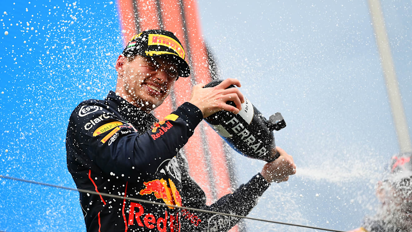 BUDAPEST, HUNGARY - JULY 31: Race winner Max Verstappen of the Netherlands and Oracle Red Bull Racing celebrates on the podium during the F1 Grand Prix of Hungary at Hungaroring on July 31, 2022 in Budapest, Hungary. (Photo by Dan Mullan/Getty Images)