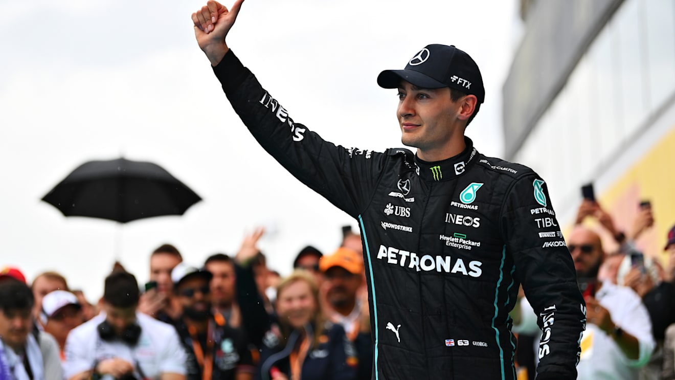 BUDAPEST, HUNGARY - JULY 31: Third placed George Russell of Great Britain and Mercedes celebrates in parc ferme during the F1 Grand Prix of Hungary at Hungaroring on July 31, 2022 in Budapest, Hungary. (Photo by Dan Mullan/Getty Images)