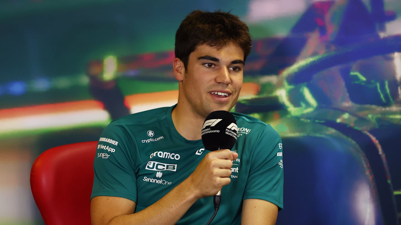 BUDAPEST, HUNGARY - JULY 28: Lance Stroll of Canada and Aston Martin F1 Team talks in the Drivers Press Conference during previews ahead of the F1 Grand Prix of Hungary at Hungaroring on July 28, 2022 in Budapest, Hungary. (Photo by Bryn Lennon/Getty Images)