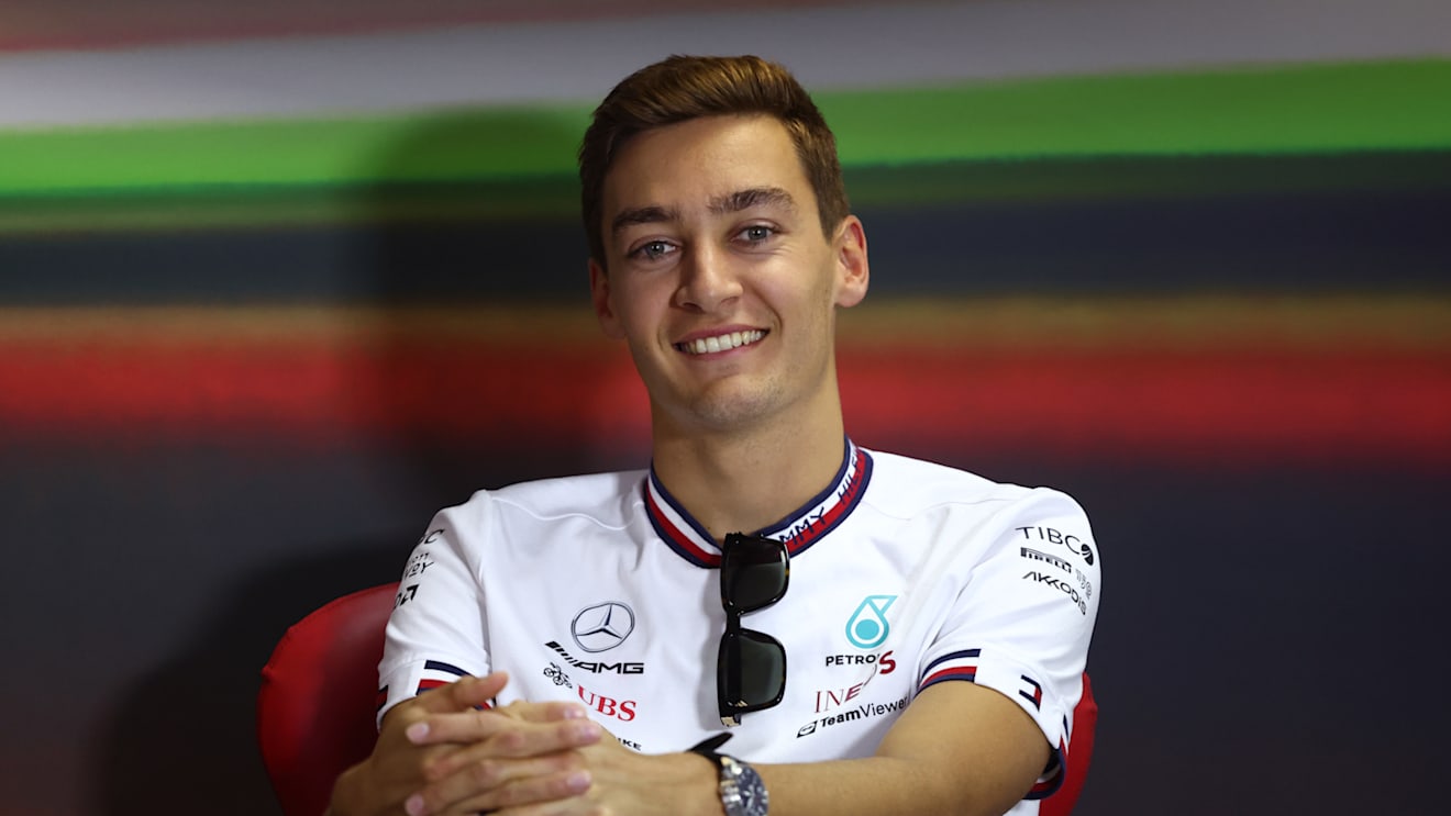 BUDAPEST, HUNGARY - JULY 28: George Russell of Great Britain and Mercedes looks on in the Drivers Press Conference during previews ahead of the F1 Grand Prix of Hungary at Hungaroring on July 28, 2022 in Budapest, Hungary. (Photo by Bryn Lennon/Getty Images)