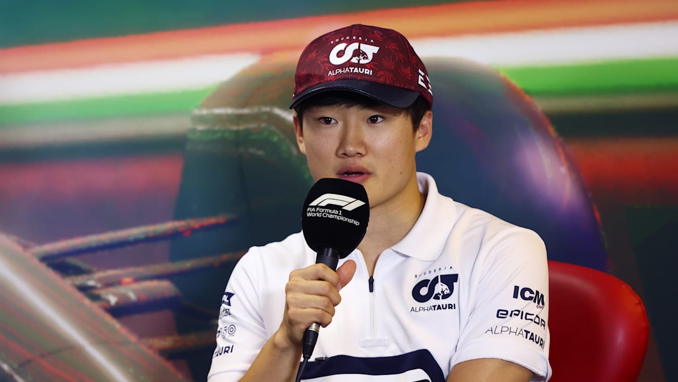 BUDAPEST, HUNGARY - JULY 28: Yuki Tsunoda of Japan and Scuderia AlphaTauri talks in the Drivers Press Conference during previews ahead of the F1 Grand Prix of Hungary at Hungaroring on July 28, 2022 in Budapest, Hungary. (Photo by Bryn Lennon/Getty Images)