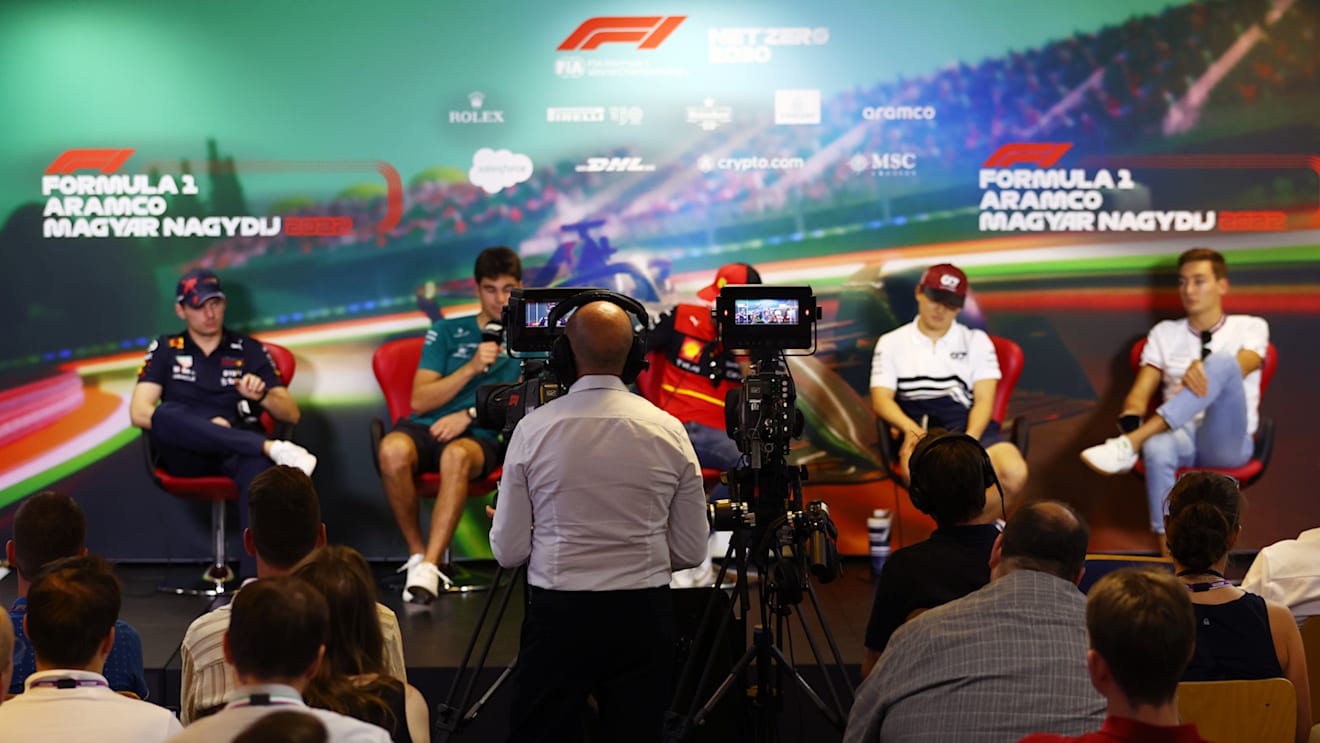 BUDAPEST, HUNGARY - JULY 28: A view of the camera operator in the Drivers Press Conference during previews ahead of the F1 Grand Prix of Hungary at Hungaroring on July 28, 2022 in Budapest, Hungary. (Photo by Bryn Lennon/Getty Images)