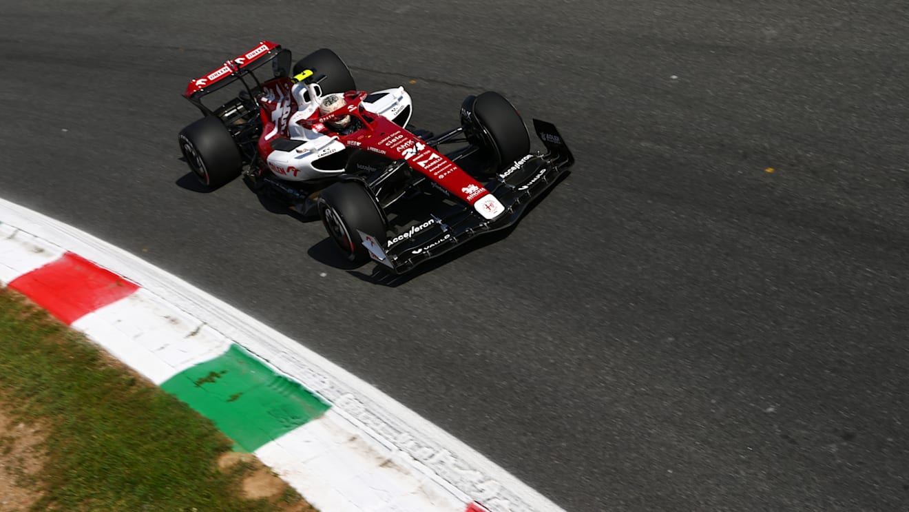 MONZA, ITALY - SEPTEMBER 09: Zhou Guanyu of China driving the (24) Alfa Romeo F1 C42 Ferrari on track during practice ahead of the F1 Grand Prix of Italy at Autodromo Nazionale Monza on September 09, 2022 in Monza, Italy. (Photo by Dan Mullan/Getty Images)
