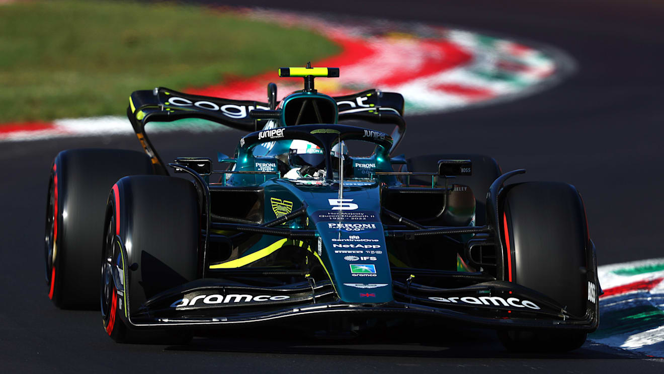 MONZA, ITALY - SEPTEMBER 09: Sebastian Vettel of Germany driving the (5) Aston Martin AMR22 Mercedes on track during practice ahead of the F1 Grand Prix of Italy at Autodromo Nazionale Monza on September 09, 2022 in Monza, Italy. (Photo by Bryn Lennon - Formula 1/Formula 1 via Getty Images)