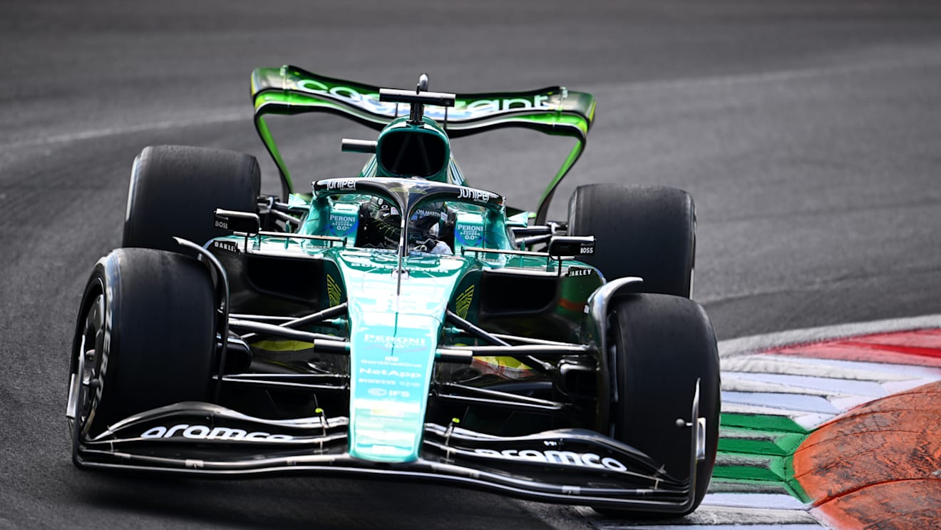 MONZA, ITALY - SEPTEMBER 09: Lance Stroll of Canada driving the (18) Aston Martin AMR22 Mercedes on track during practice ahead of the F1 Grand Prix of Italy at Autodromo Nazionale Monza on September 09, 2022 in Monza, Italy. (Photo by Clive Mason/Getty Images)