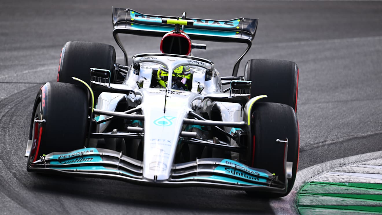 MONZA, ITALY - SEPTEMBER 09: Lewis Hamilton of Great Britain driving the (44) Mercedes AMG Petronas F1 Team W13 on track during practice ahead of the F1 Grand Prix of Italy at Autodromo Nazionale Monza on September 09, 2022 in Monza, Italy. (Photo by Clive Mason/Getty Images)