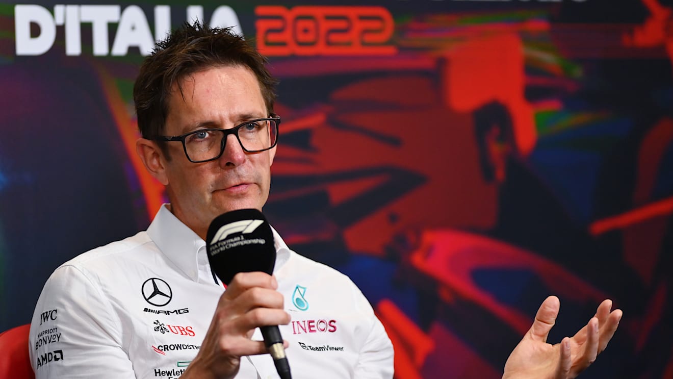 MONZA, ITALY - SEPTEMBER 10: Andrew Shovlin, Trackside Engineering Director at Mercedes attends the Team Principals Press Conference prior to final practice ahead of the F1 Grand Prix of Italy at Autodromo Nazionale Monza on September 10, 2022 in Monza, Italy. (Photo by Dan Mullan/Getty Images)