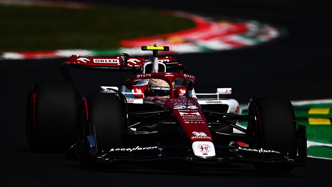MONZA, ITALY - SEPTEMBER 10: Zhou Guanyu of China driving the (24) Alfa Romeo F1 C42 Ferrari on track during final practice ahead of the F1 Grand Prix of Italy at Autodromo Nazionale Monza on September 10, 2022 in Monza, Italy. (Photo by Clive Mason/Getty Images)